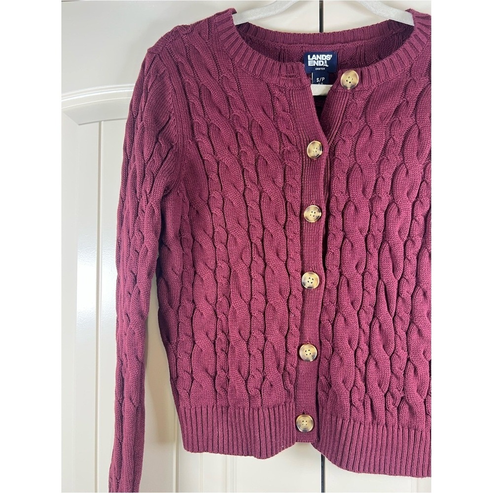 Lands' End Drifter Cable Knit Cardigan Sweater Burgundy‎ Small Petite SP - Picture 3 of 8